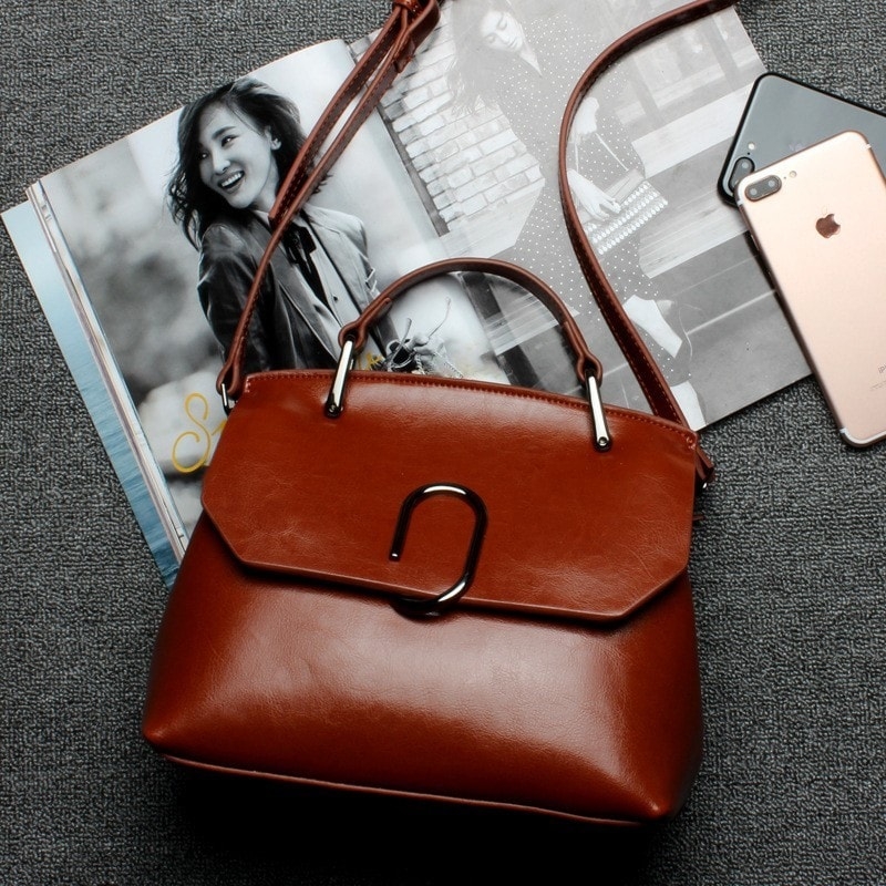 Tan Classy Genuine Leather Handbags Flap Vintage Satchel Bags for Work