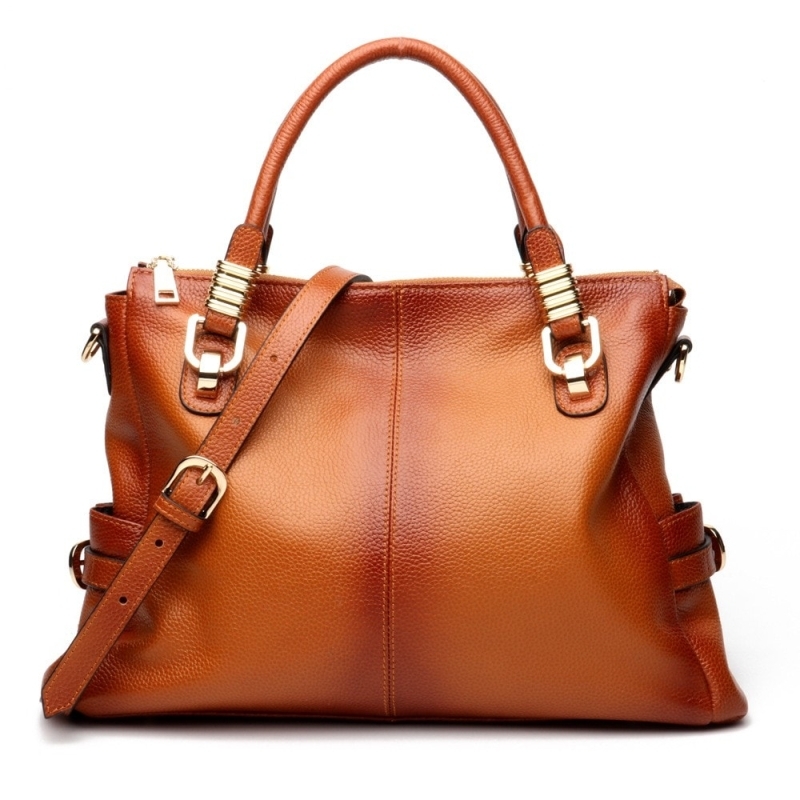 Brown Genuine Leather Handbags Side Pocket Shoulder Bags for Work