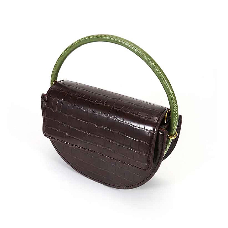 Coffee Color Leather Top Handle Half Moon Saddle Flap Shoulder Bags