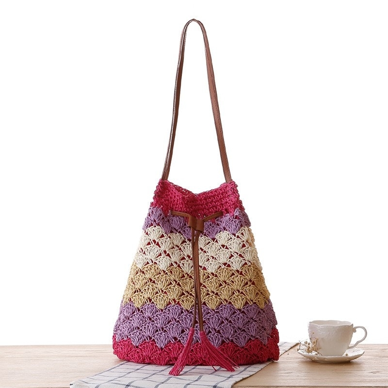 Hot Pink Knitting Bucket Bag Summer Shoulder Bag 