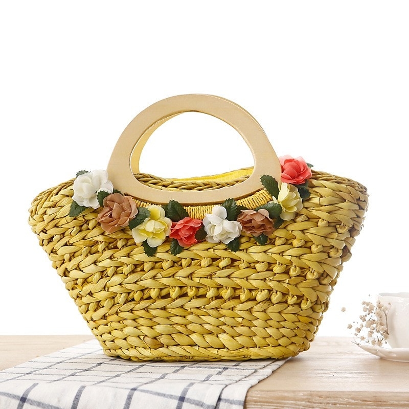 Yellow Woven Beach Bag Flower Handbag for Travelling