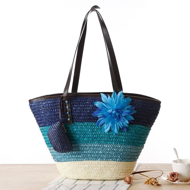 Blue Flower Straw Beach Bag Wide Stripes Tote Bag for Travelling