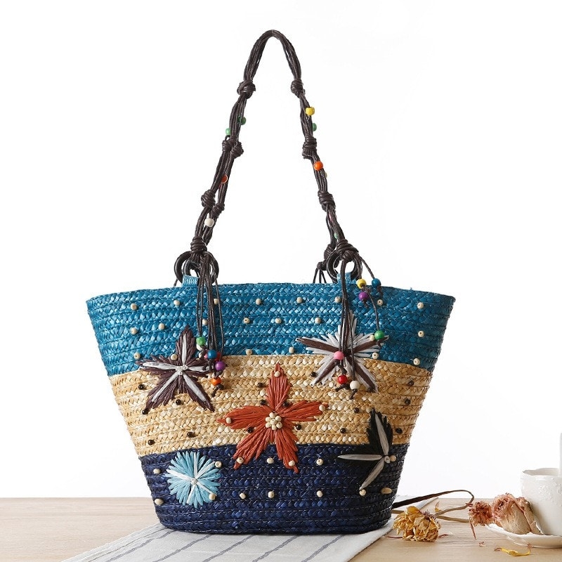 Blue Straw Beach Bag Recycle Summer Tote Bag for Honeymoon