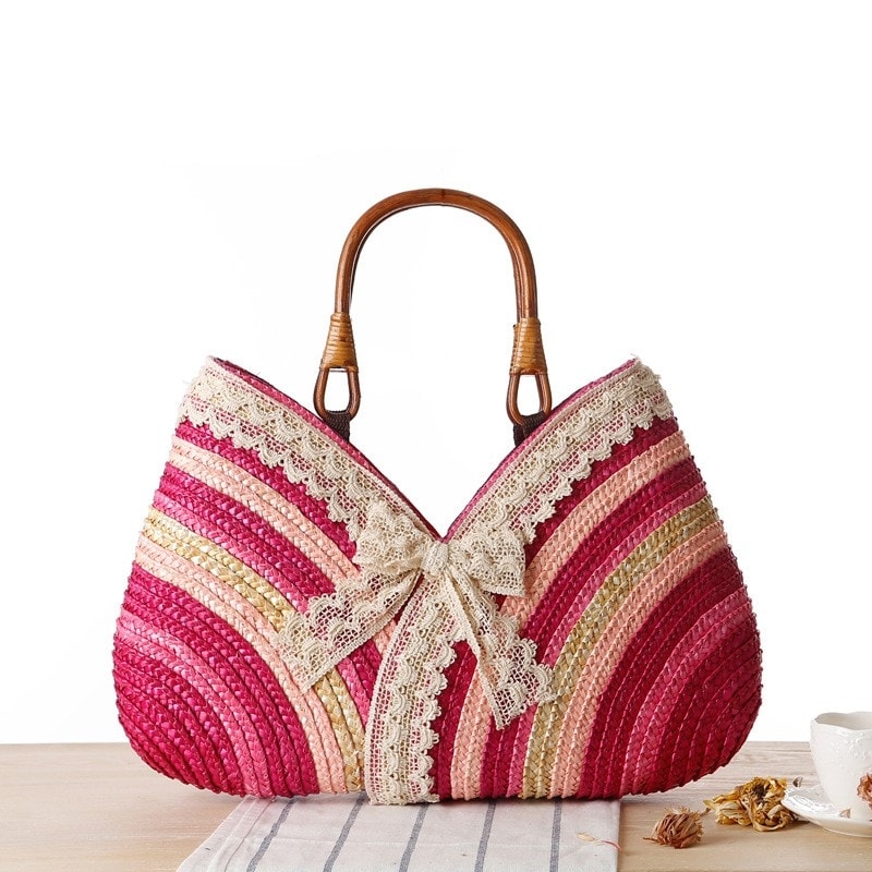 Orange Straw Beach Bag Lace Summer Handbag for Honeymoon
