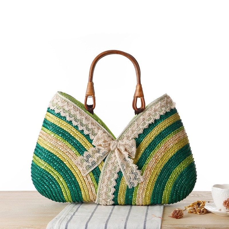 Green Straw Beach Bag Lace Summer Handbag for Honeymoon