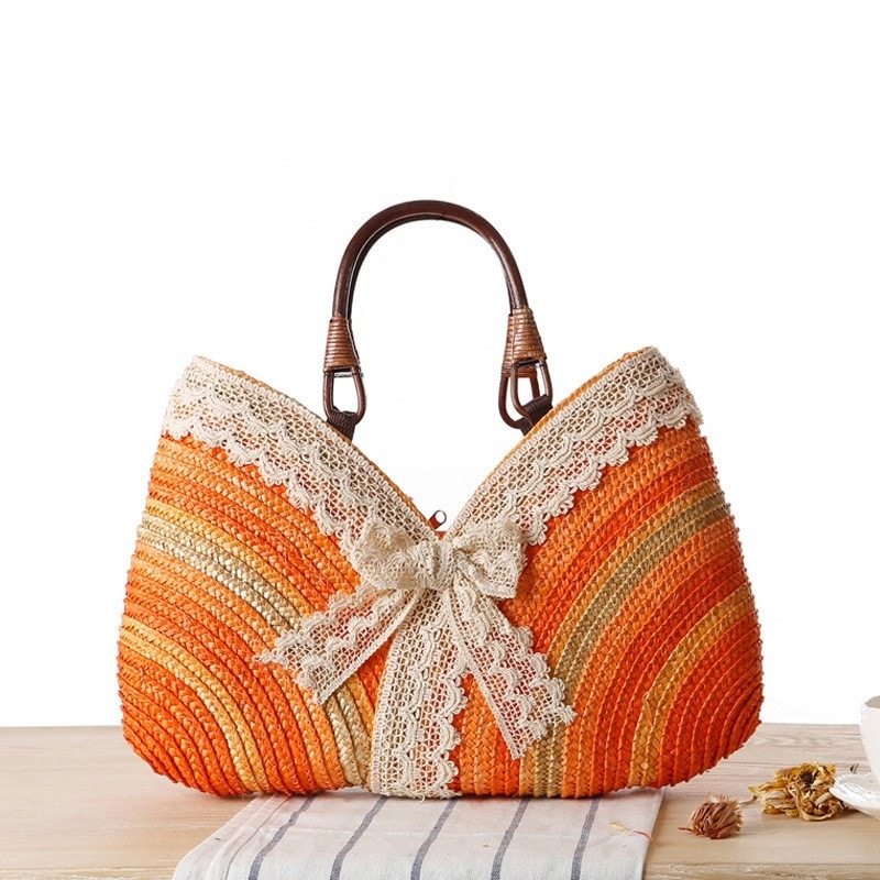 Orange Straw Beach Bag Lace Summer Handbag for Honeymoon