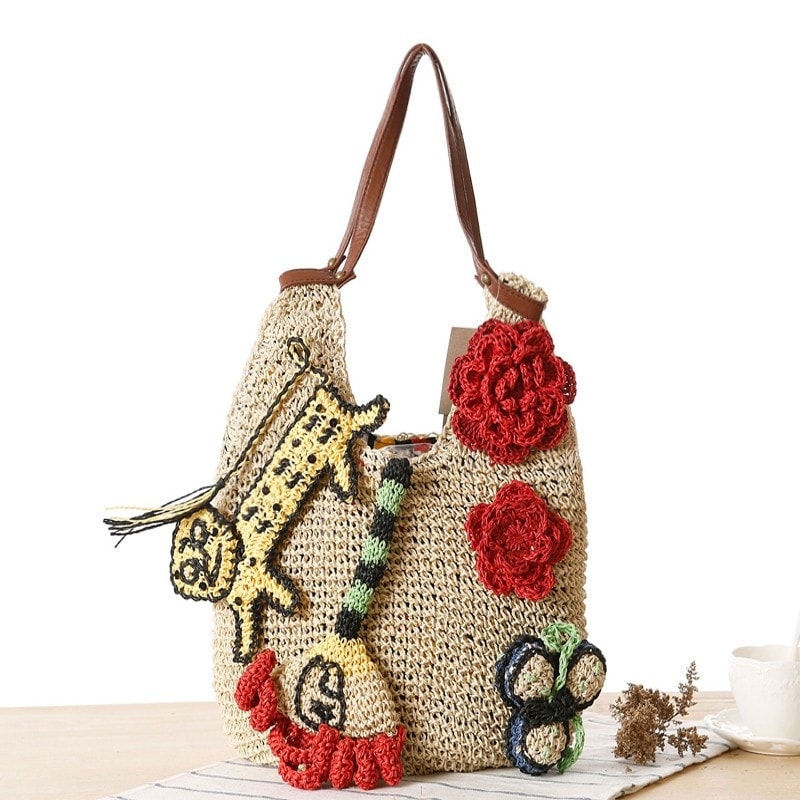 Khaki Knitting Beach Bag Flower Summer Handbag for Travelling