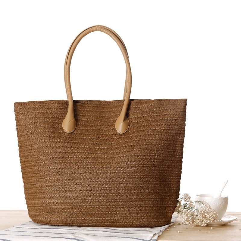 Khaki Recycle Beach Tote Simple Summer Bag for Travelling