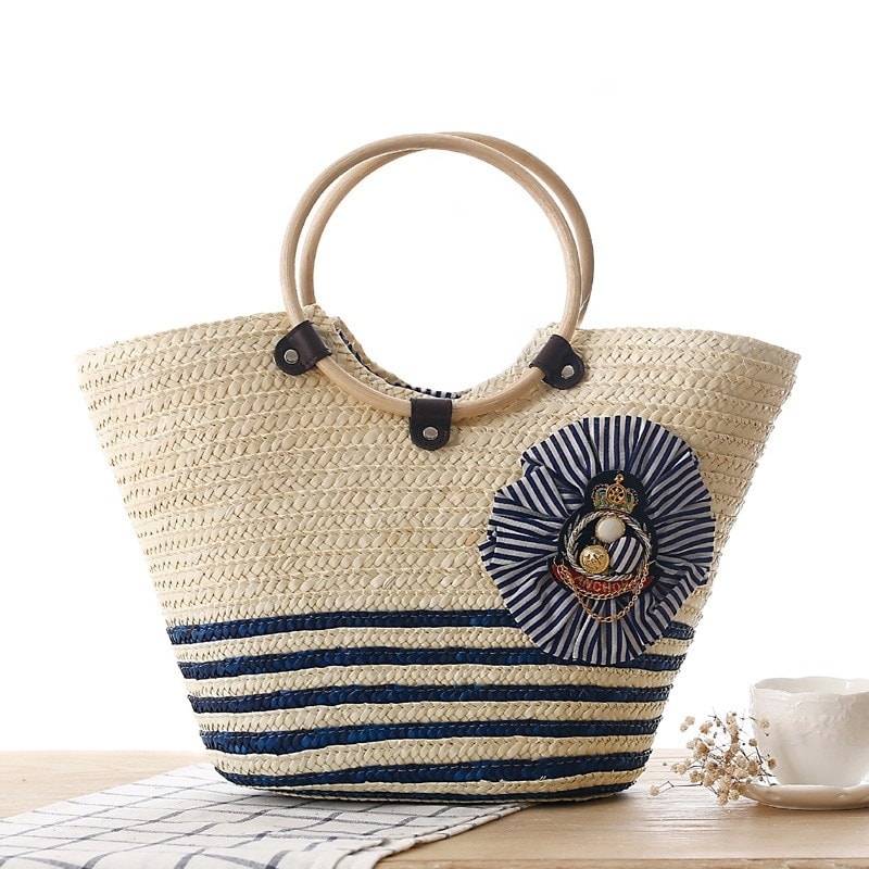 Navy Summer Straw Beach Bag with Straw Hat