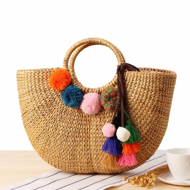 Khaki Beach Bag Colorful Pompon Woven Handbag