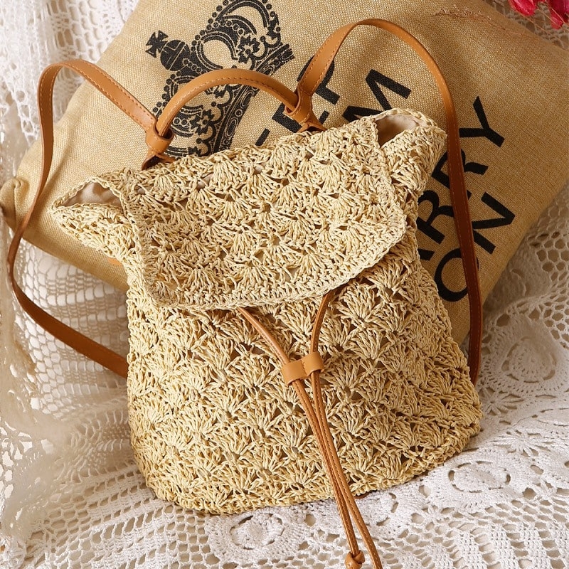 Beige Straw Backpack Hollow out Mini Summer Backpack Beach Bags