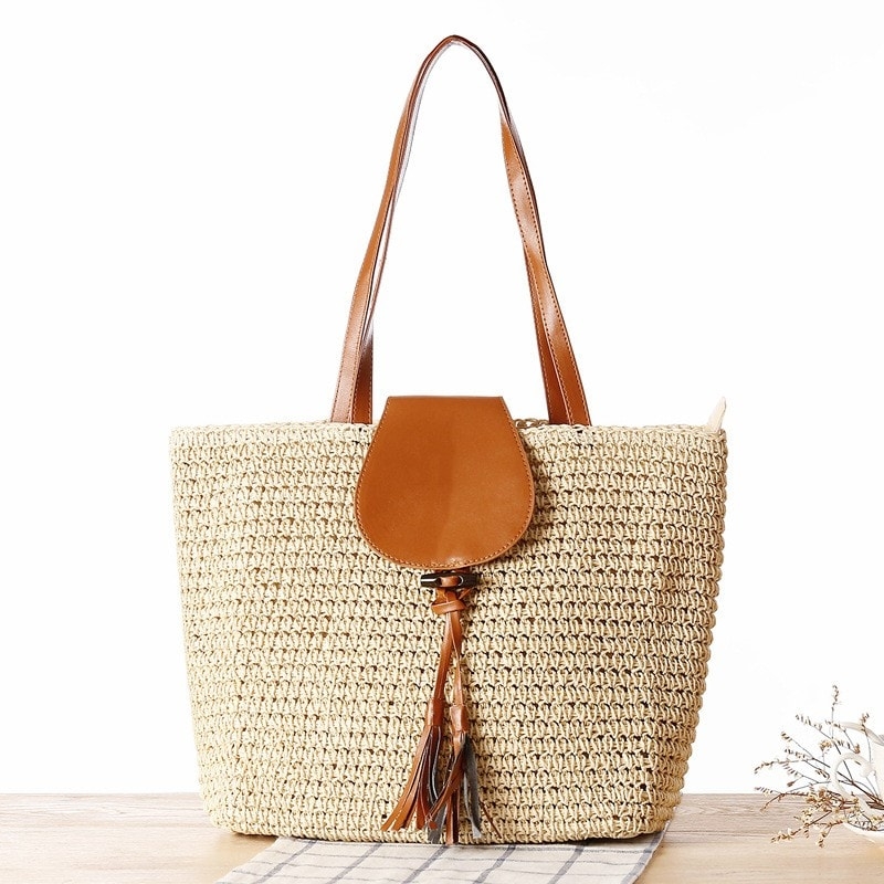 Brown Woven Beach Tote Bag with Tassels
