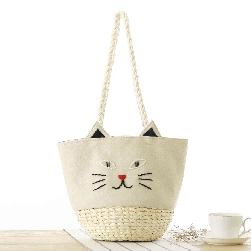 Beige Straw Beach Bag Cute Cat Tote Bag