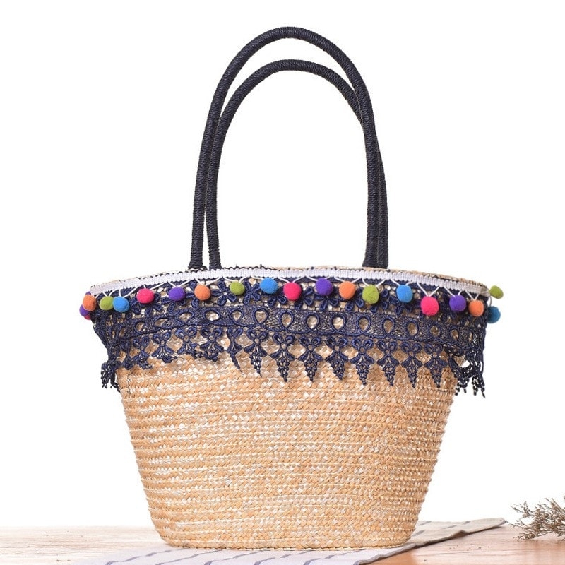 Navy Lace Straw Beach Bag Colorful Pompon Tote Bag