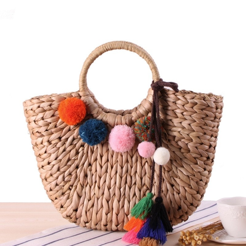 Khaki Beach Bag Colorful Pompon and Tassel Summer Handbag