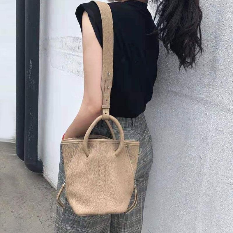 Beige Leather Crossbody Bag Circle Handle Bucket Bags with V Zipper