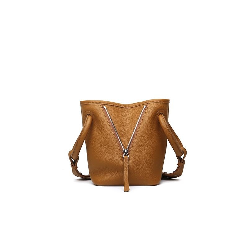 Brown Leather Crossbody Bag Circle Handle Bucket Bags with V Zipper