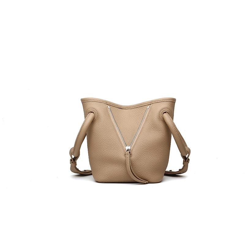 Khaki Leather Crossbody Bag Circle Handle Bucket Bags with V Zipper