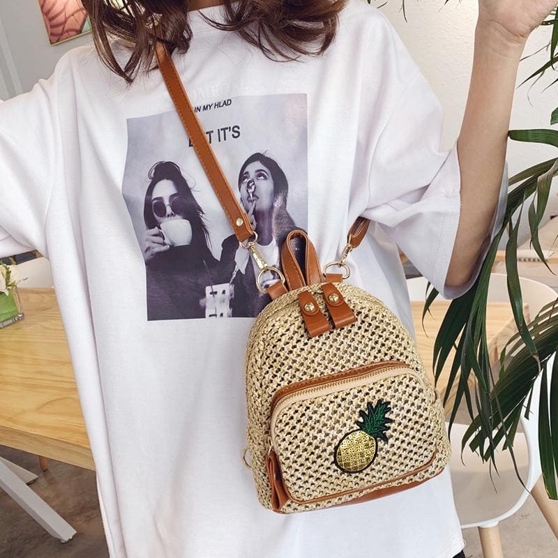 Khaki Sequined Pineapple Mini Straw Backpack Crossbody Summer Backpack