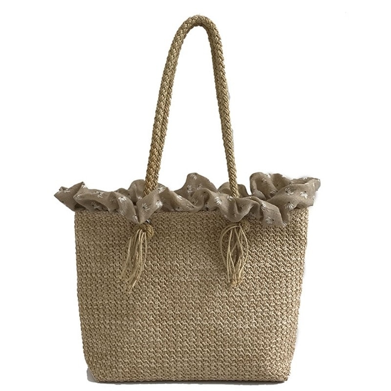 Khaki Straw Tote Summer  Bag Ruffle Beach Bags