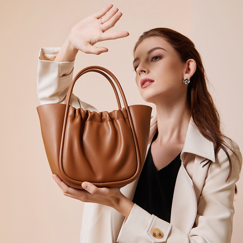 Coffee Large Leather Basket Handbags Plisse Crossbody Top Handle Bag