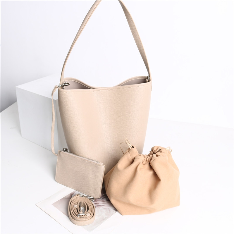 Apricot Large Leather Bucket Bag Crossbody Handbags With Inner Pouch