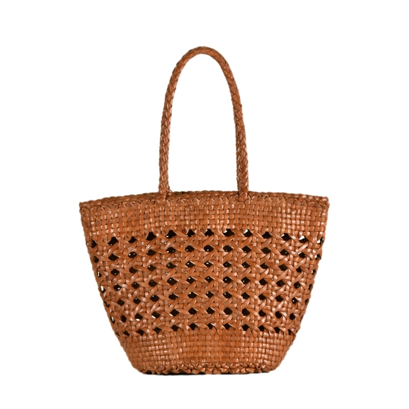Brown Leather Net Bucket Handbags