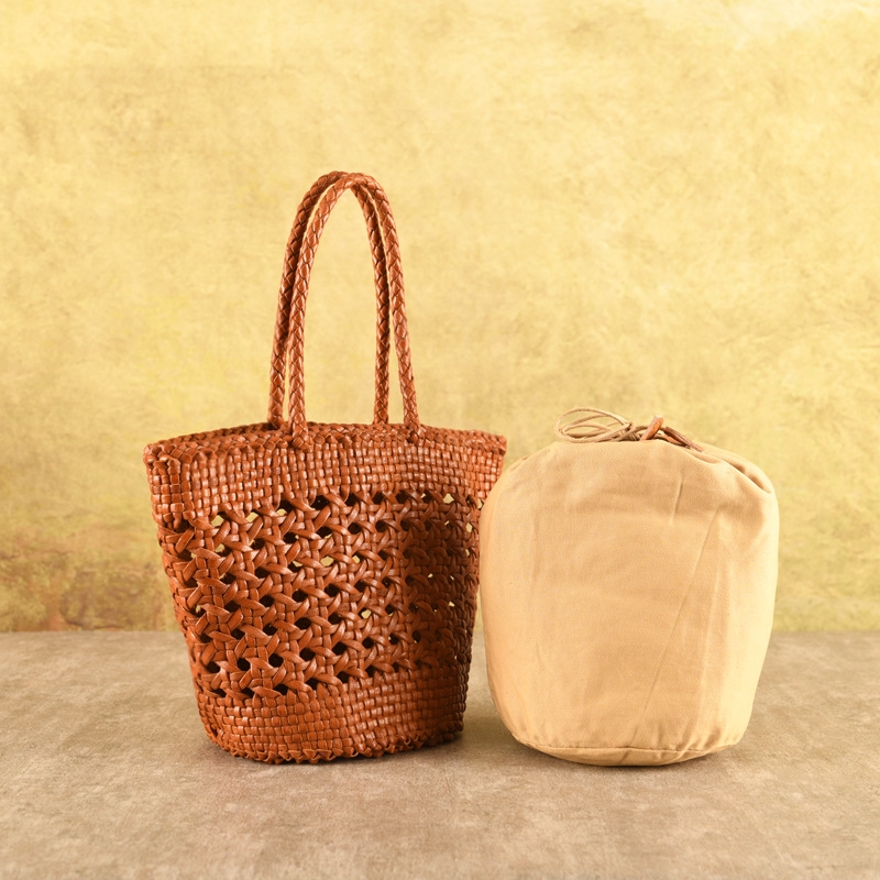 Dark Brown Leather Net Bucket Handbags Hollow out Woven Bags