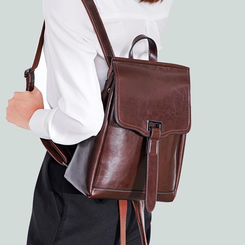Coffee Leather Backpack For Work Women's Vintage Flap Backpacks