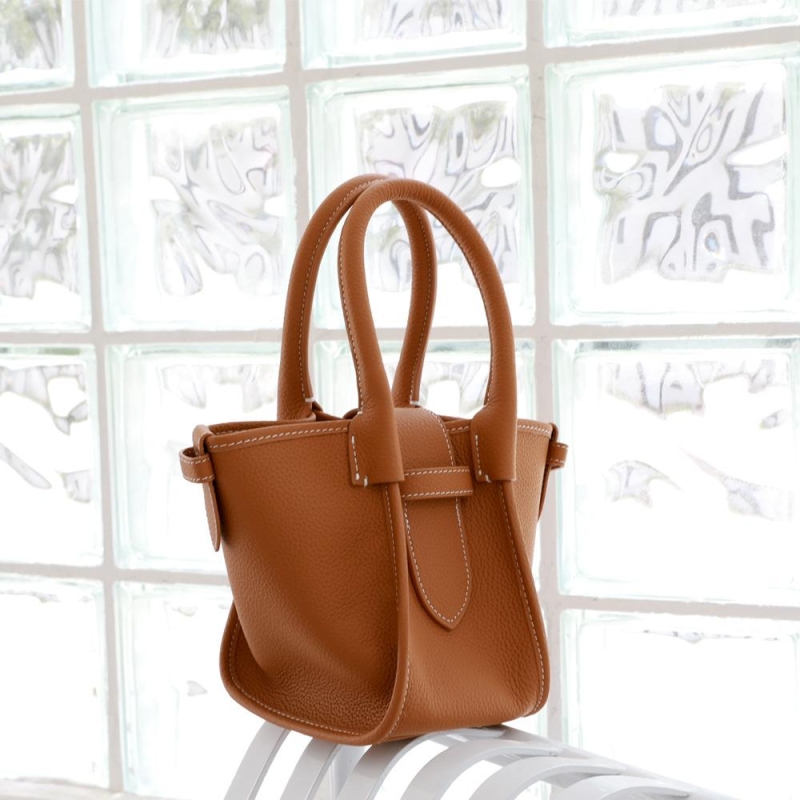 White Genuine Leather Basket Bag Litchi Grain Handbags with Buckle