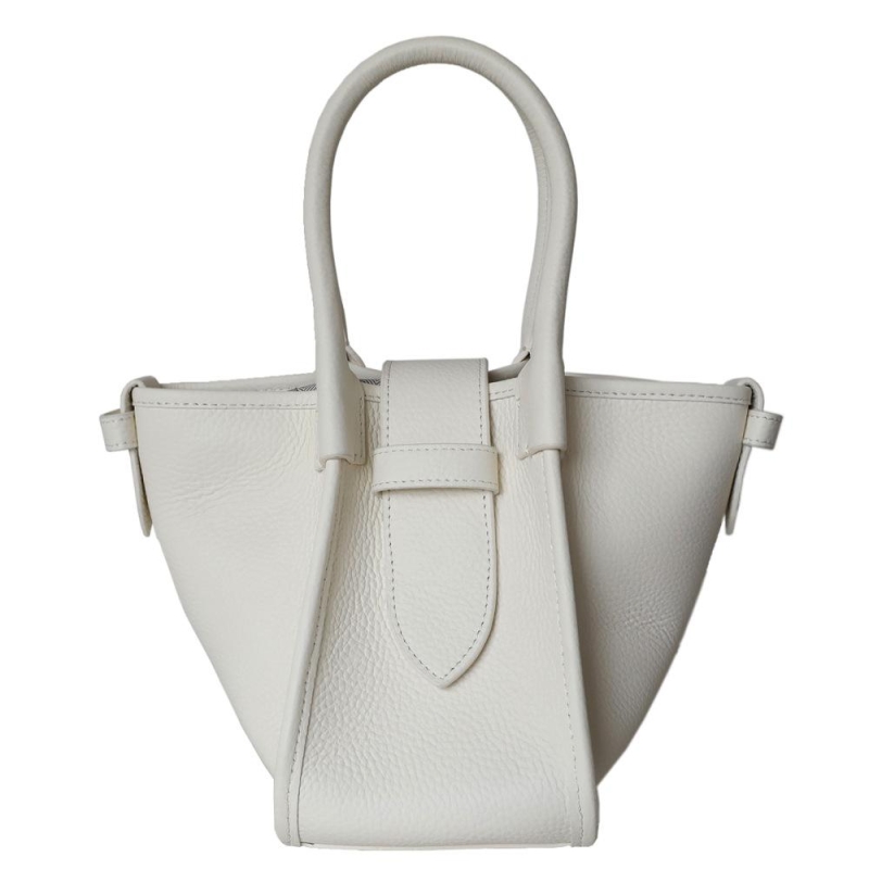 White Genuine Leather Basket Bag Litchi Grain Handbags with Buckle