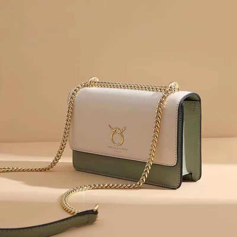 Green&White Leather Flap Chain Bag Office Women's Crossbody Bags