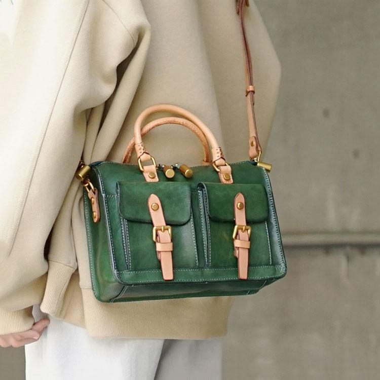 Green Leather Messenger Bag Top Handle Vintage Satchel Bag For Work