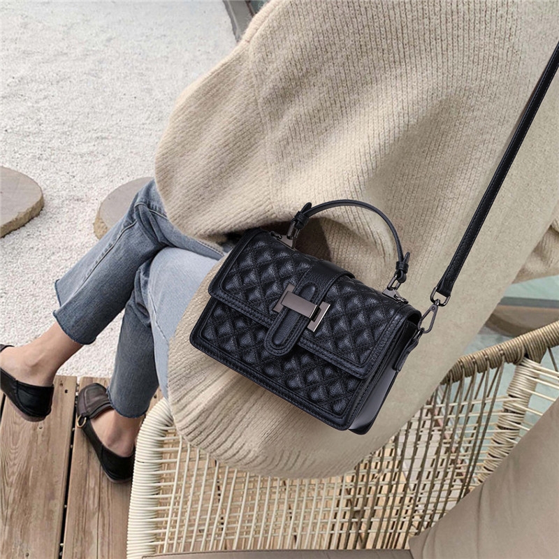 Black Leather Quilted Bag Crossbody Flap Top Handle Bags
