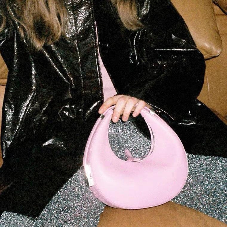 Pink Leather Minimalist Half Moon Shoulder Bag with Adjustable Strap