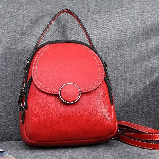 Red Leather Top Handle Backpack Crossbody Flap College Bag