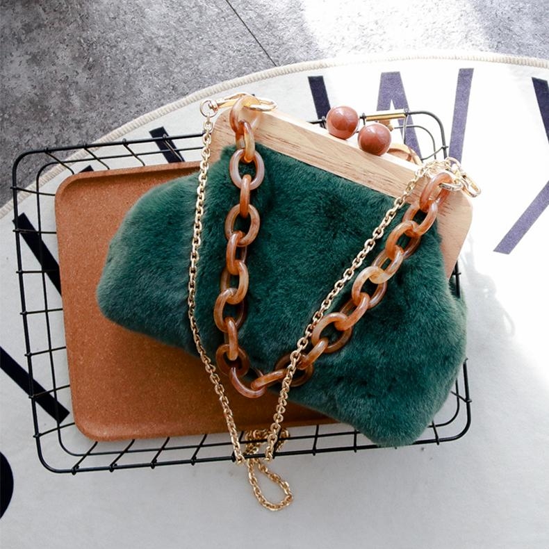Green Acrylic Chain Retro Handbags Wooden Clip Faux Fur Shoulder Bags