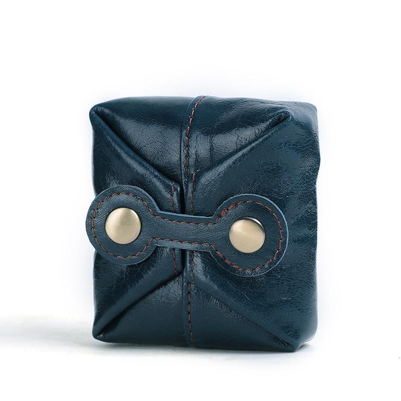 Dark Blue Soft Genuine Leather Coin Purse Mini Coin Bag with Button