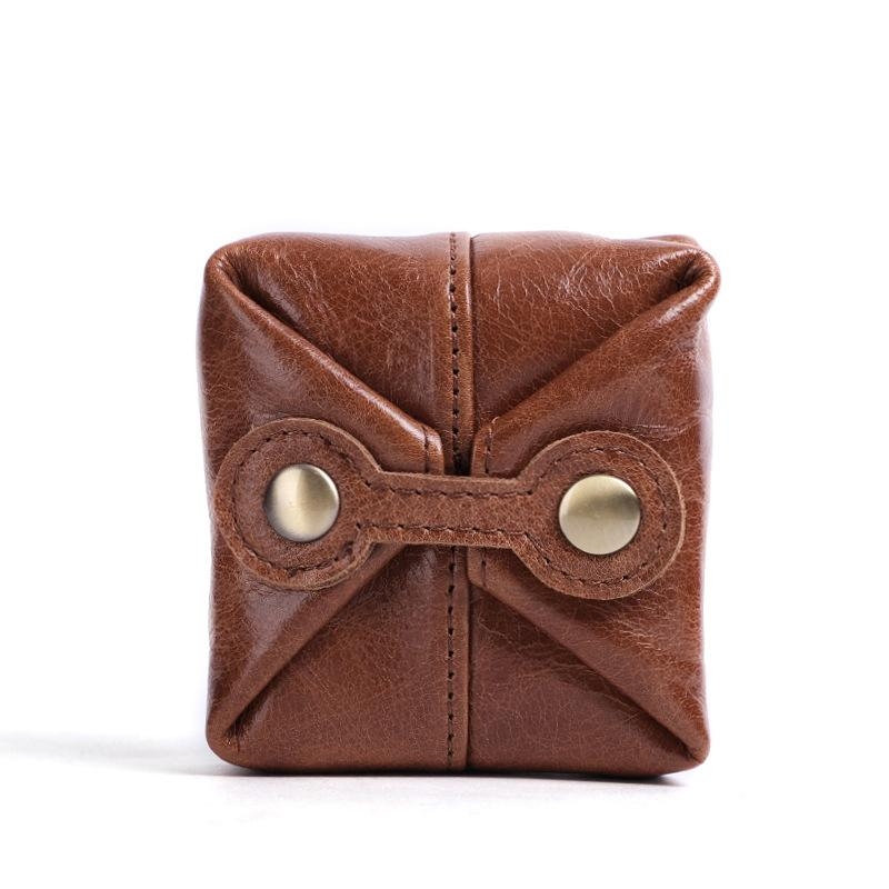 Brown Soft Genuine Leather Coin Purse Mini Coin Bag with Button