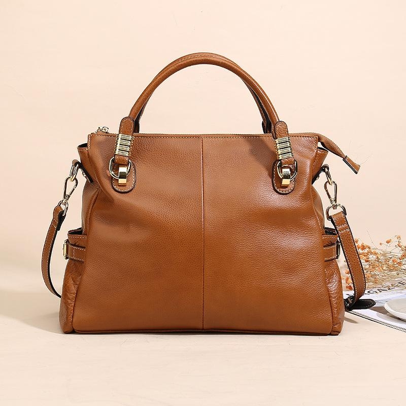 Light Brown Leather Top Handle Zipper Work Tote Bags for Women