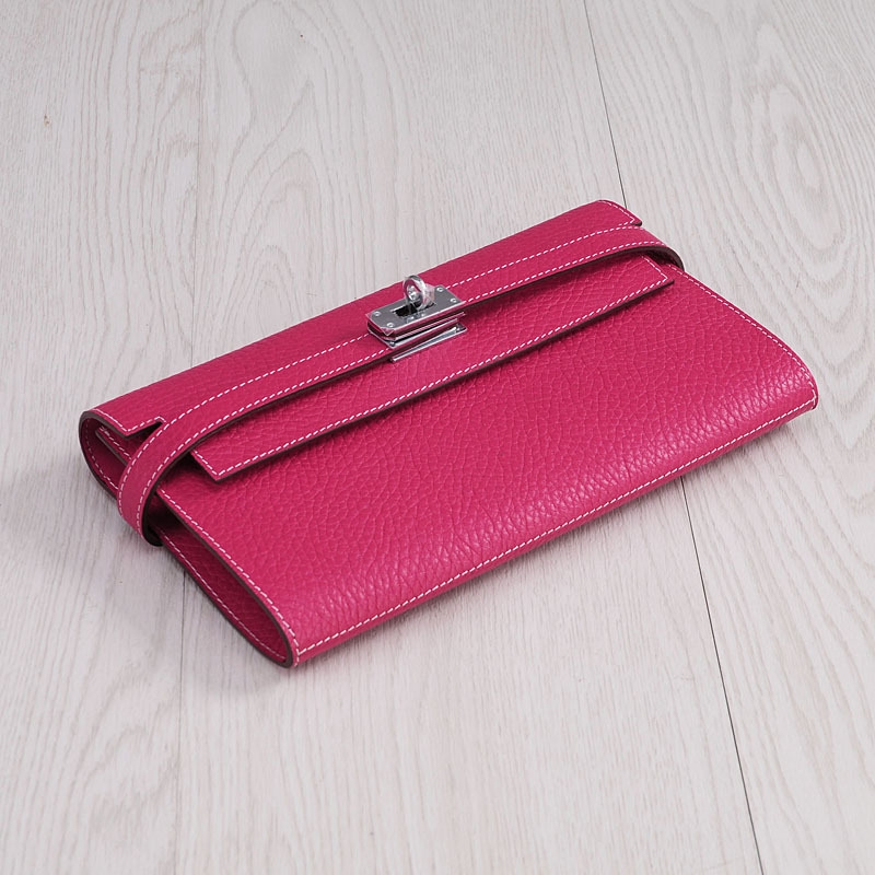 Magenta Pink Genuine Leather Clutch Purse Lock Long Wallet