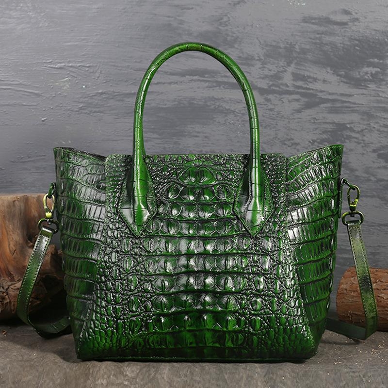 Green Retro Crocodile Printed Shoulder Leather Handbags Zipper Tote Bags