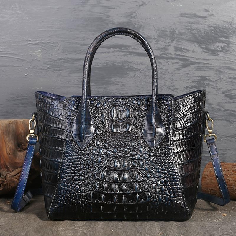 Navy Retro Crocodile Printed Shoulder Leather Handbags Zipper Tote Bags