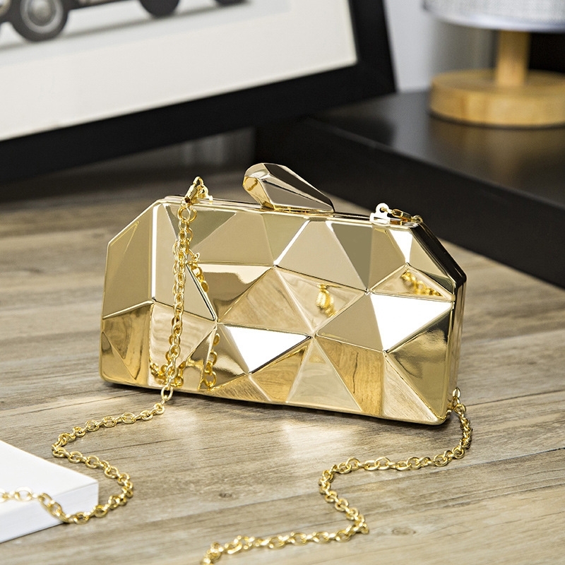 Gold Metallic Box Evening Clutch Bag Geometric Clutches With Chain