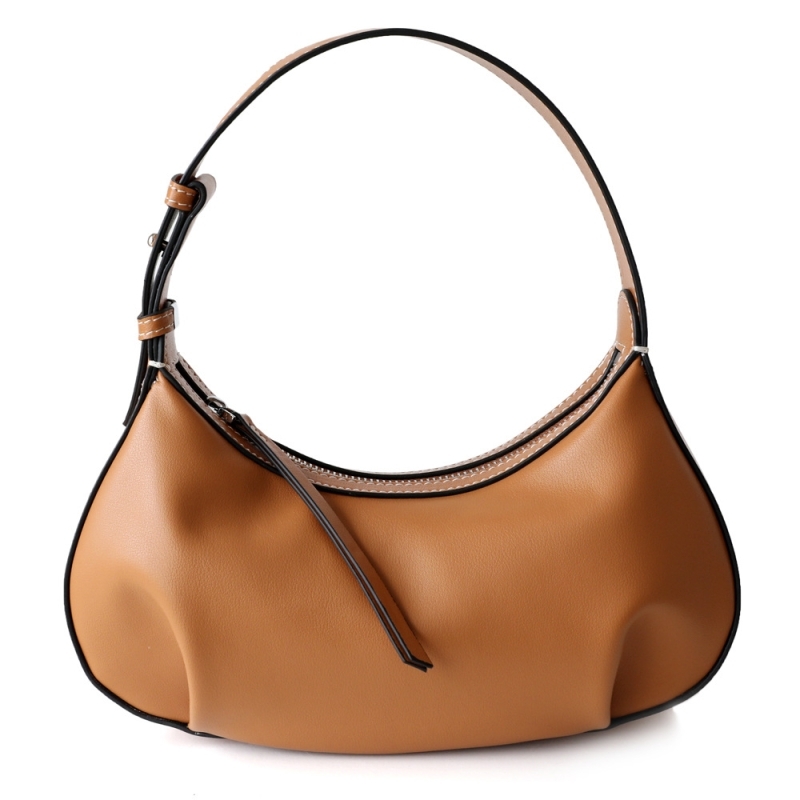 Brown Minimalist Leather Shoulder Bag With Zipper