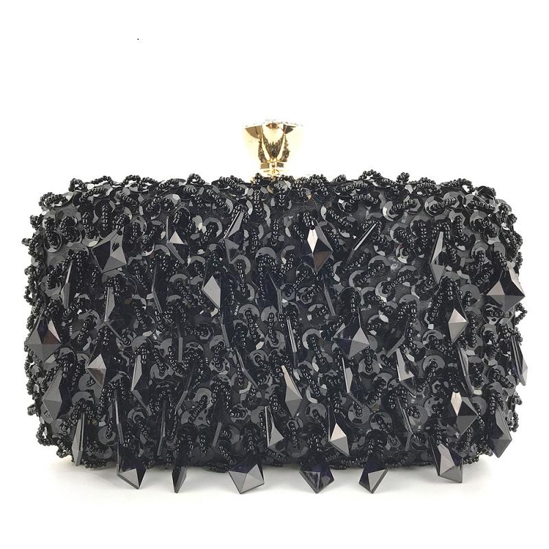 Black Pendant Rhinestone Beaded Sequined Box Clutch Bags
