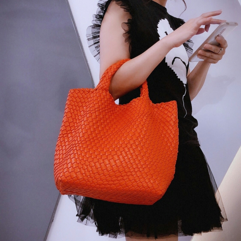 Orange Woven Vegan Leather Shopper Bag Large Handbag Soft Purse for Work
