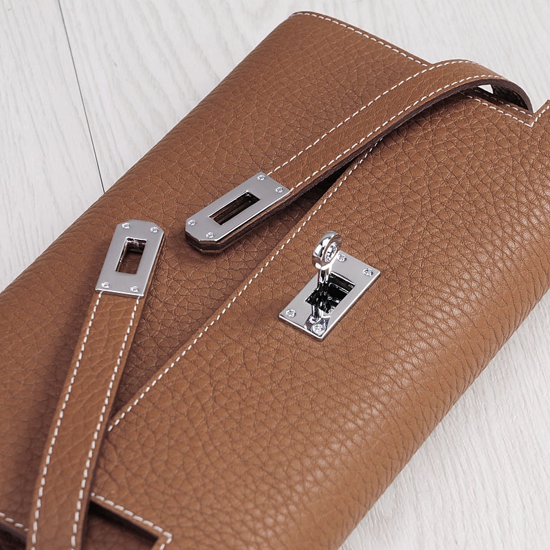 Chocolate Genuine Leather Belt Lock Long Wallet Purses