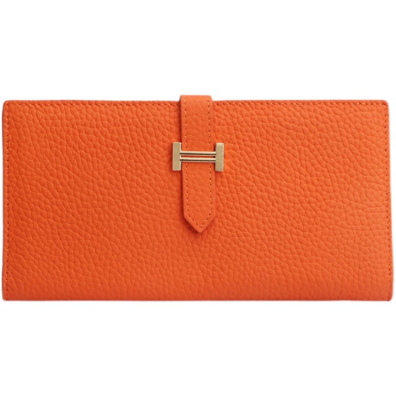 Orange Litchi Grain Long Wallet Genuine Leather Belt Wallet