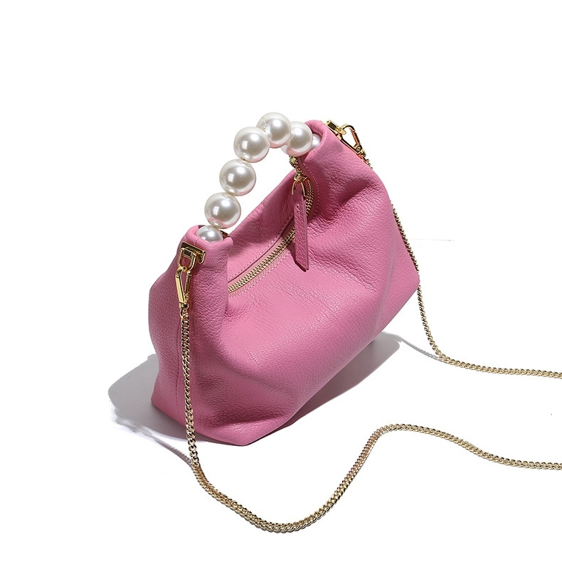 Khaki Beaded Handle Ladies Handbag Pearl Decor Moon Crossbody Purse